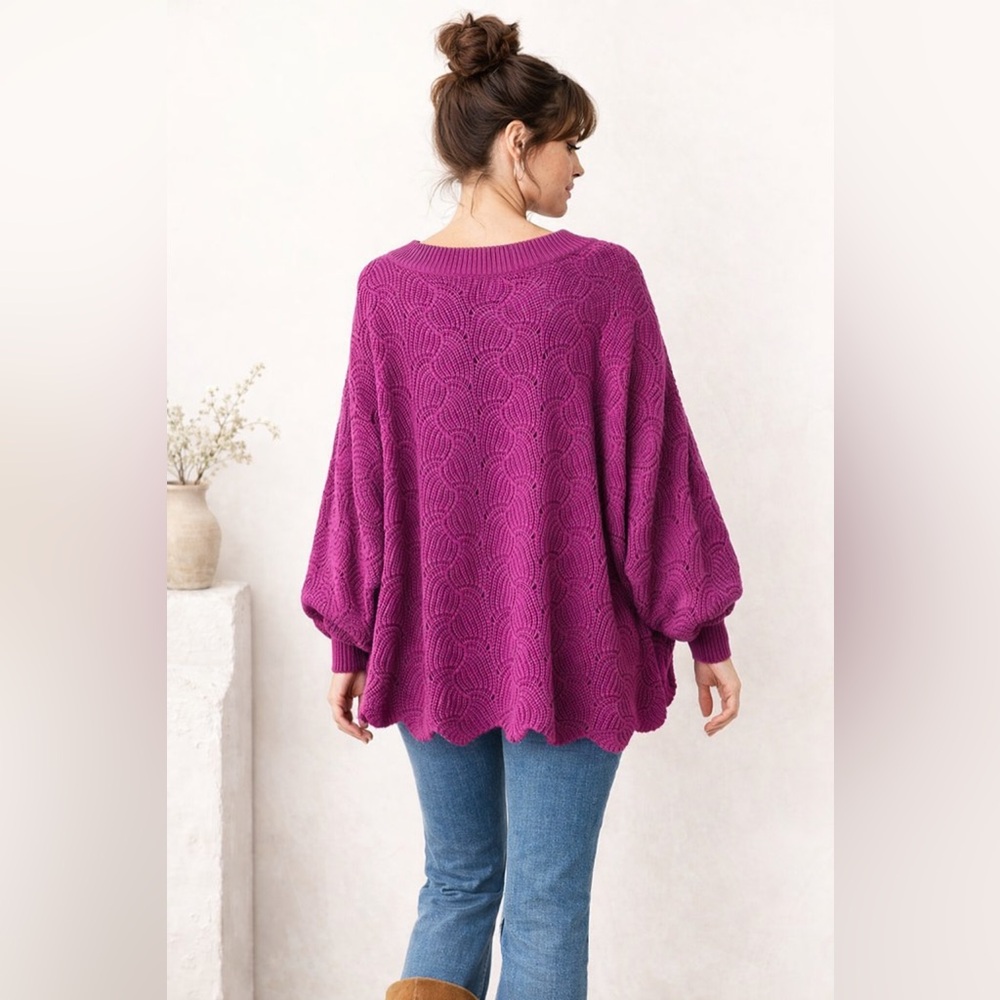 Andrée Oversized Scallop Knit Sweater L Purple Textured Dolman Sleeve Cozy‎ Top - Picture 3 of 8